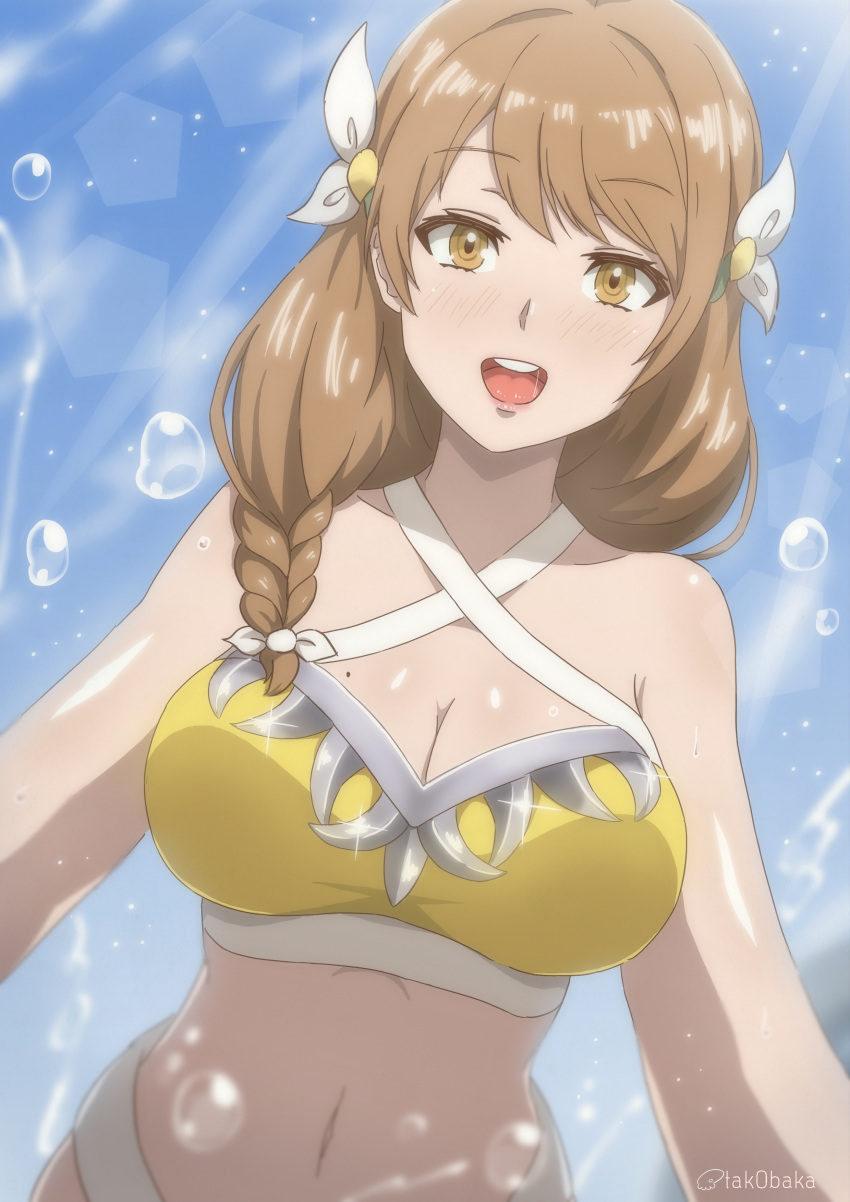 1girl 1girl 1girl absurd_res alluring alternate_costume bangs bare_midriff bare_shoulders beauty_mark big_breasts bikini braid braided_ponytail brown_eyes brown_hair bubble cleavage collarbone criss-cross_halter day female_only fire_emblem fire_emblem_engage goldmary_(fire_emblem) hair_over_shoulder halterneck high_res light_brown_hair lips looking_at_viewer medium_hair midriff mole mole_on_breast navel nintendo open_mouth outside reaching_out shoulders side_ponytail sky smile swimsuit tak0baka teeth upper_teeth_only water watermark yellow_bikini yellow_swimsuit