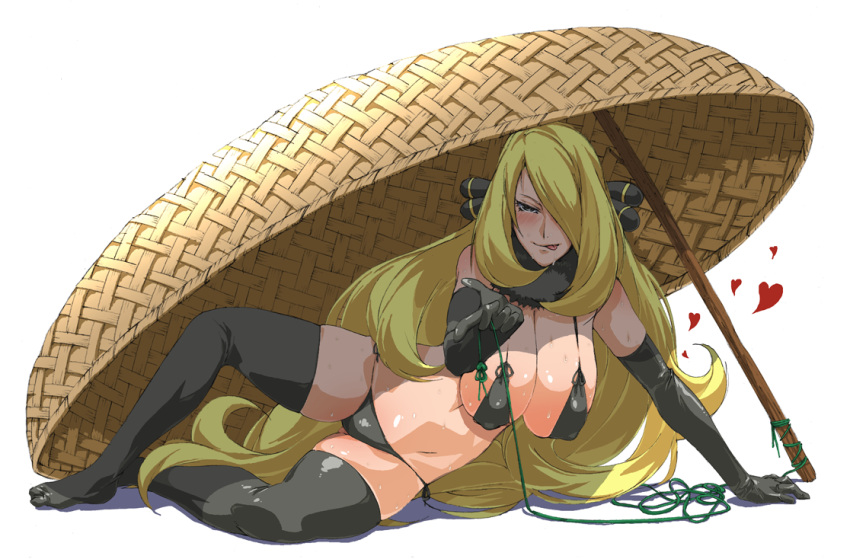 1girl :q arm_support bad_id bikini black_bikini black_legwear blonde_hair blush breasts cleavage come_hither creatures_(company) cynthia_(pokemon) drop_trap elbow_gloves game_freak gloves hair_over_one_eye hanging_breasts heart huge_breasts humans_of_pokemon jaga_note licking_lips long_hair lying naughty_face nintendo on_side outstretched_hand pokemon pokemon_(anime) pokemon_(game) pokemon_black_2_&amp;_white_2 pokemon_black_and_white pokemon_bw pokemon_bw2 pokemon_diamond_pearl_&amp;_platinum pokemon_dppt porkyman saliva shirona_(pokemon) side-tie_bikini simple_background solo sweat swimsuit thighhighs tongue tongue_out very_long_hair white_background