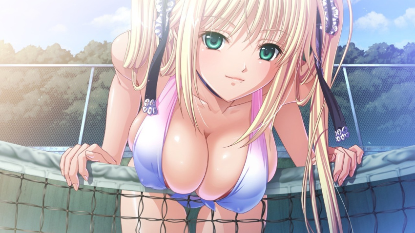 1girl bent_over big_breasts bikini blonde_hair breasts chain-link_fence choker cleavage cloud cloudy_sky erect_nipples female fence frills game_cg green_eyes hair_ribbon huge_breasts kyonyuu_majo long_hair looking_at_viewer net nipples outdoor outside q-gaku ribbon sky smile solo swimsuit tenma_cecile tennis_net thigh_gap thighs tree twin_tails waffle_(artist)