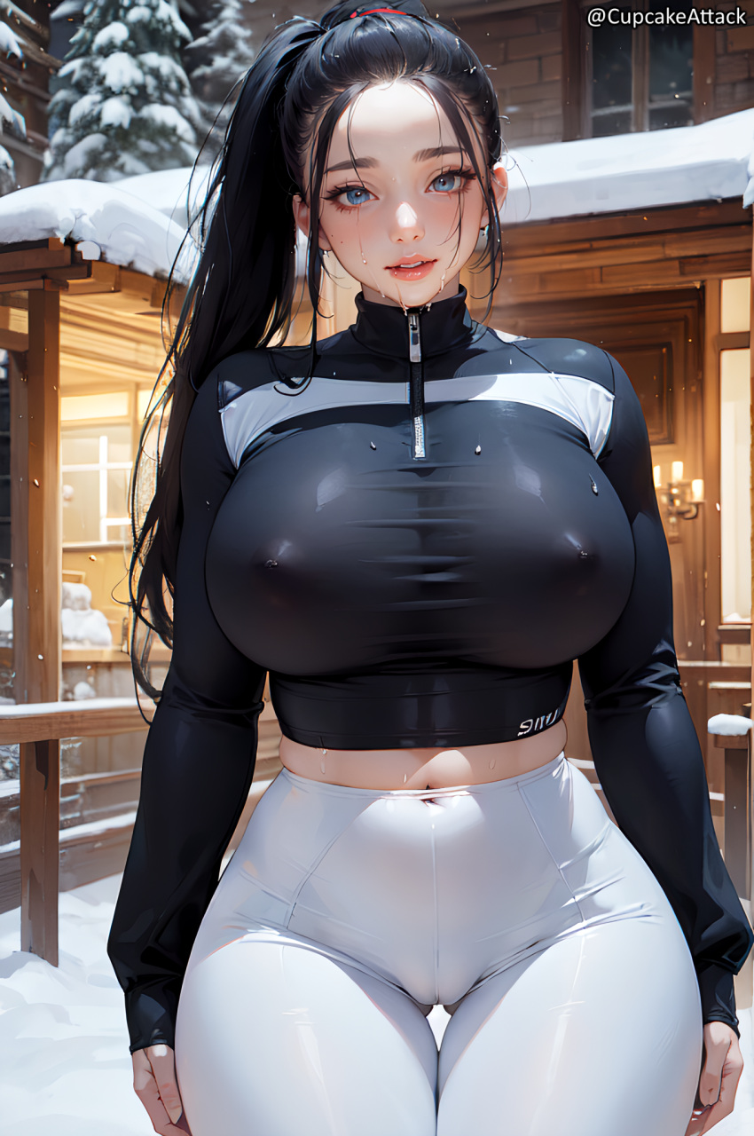 1girl ai_generated black_hair blue_eyes breasts cameltoe cupcakeattack female_only huge_breasts looking_at_viewer ponytail protruding_nipples ski_suit slim_waist solo_female tight_clothing wet wet_breasts wet_clothes wide_hips