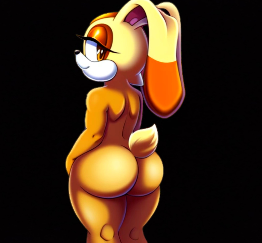 1girl ass black_background brown_eyes bunny_tail completely_nude_female cream_the_rabbit cub furry furry_female looking_back nude_female seductive_smile sega sonic sonic_the_hedgehog_(series)