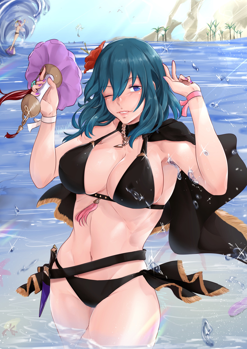 1boy 1girl absurd_res alluring bare_arms bare_shoulders belt big_breasts bikini black_belt black_bikini black_capelet blue_eyes blue_sky breast byleth_(fire_emblem) byleth_(fire_emblem)_(female) byleth_(summer)_(fire_emblem)_(female) capelet cleavage cowboy_shot day fire_emblem fire_emblem:_three_houses fire_emblem_heroes flower hair_flower hair_ornament high_res long_hair looking_at_viewer lorenz_hellman_gloucester lorenz_hellman_gloucester_(summer) nail_polish navel nintendo ocean official_alternate_costume one_eye_closed outside parted_lips purple_nails red_flower ribbon sky solo_focus standing stomach surfing swimsuit teal_hair thighs vialnite wading water wrist_ribbon