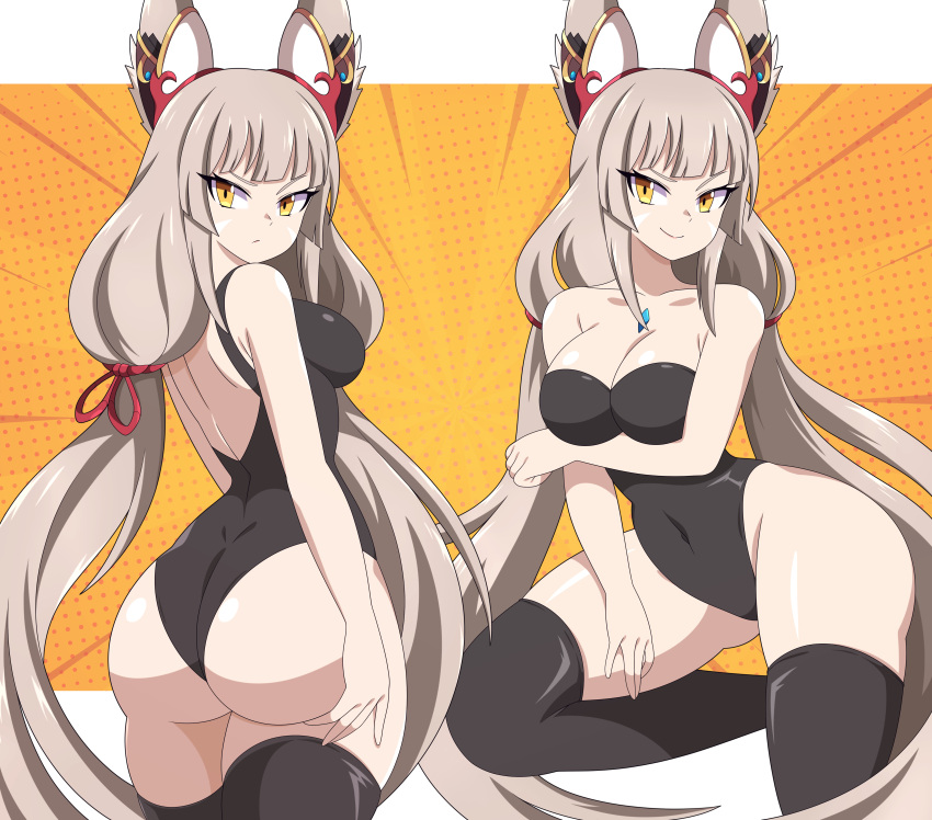 1girl abysswatchers alluring alternate_breast_size ass blush breasts cat_ears cat_girl commission core_crystal dat_ass front_and_back grey_hair latex light-skinned_female light_skin long_hair looking_at_viewer medium_breasts nia_(xenoblade) nintendo one-piece_swimsuit swimsuit thick_thighs twin_tails xenoblade_(series) xenoblade_chronicles_2 yellow_eyes