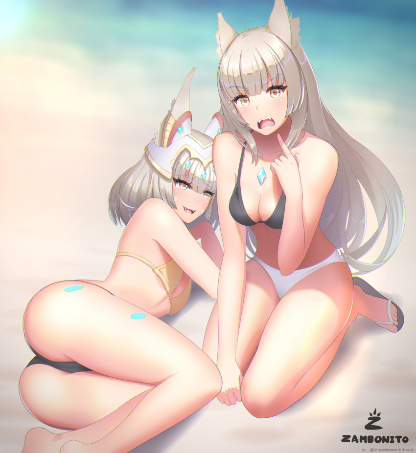 1girl 2_girls alluring ass bikini breasts cat_ears cat_girl core_crystal fangs female_only grey_hair medium_breasts mio_(xenoblade) mother_&amp;_daughter nia_(xenoblade) nintendo small_breasts swimsuit thighs xenoblade_(series) xenoblade_chronicles_3 yellow_eyes zambonito