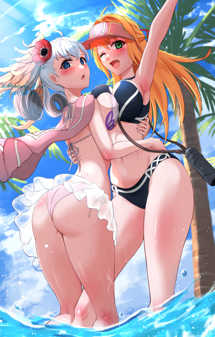 2_girls absurd_res alluring arm_up artist_name ass big_breasts bikini blonde_hair blue_eyes blush breast_press breasts canteen cape curly_hair dated embarrassed fiora fiora_(xenoblade) from_below green_eyes grey_hair head_wings high_res hugging leg_between_thighs long_hair looking_at_viewer melia_antiqua mercury_xeno multiple_girls open_mouth outside palm_tree see-through see-through_skirt side-tie_bikini_bottom skirt swimsuit symmetrical_docking tree twitter_username visor_cap wading water wedgie wings xenoblade_(series) xenoblade_chronicles_1