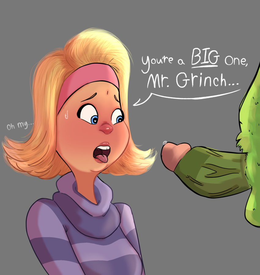 1boy 1girl big_penis blonde_hair blue_eyes blush christmas dialogue donna_who english_text eyebrows fur green_skin how_the_grinch_stole_christmas looking_at_penis open_eyes open_mouth purple_sweater shocked sweat sweatband sweatdrop text the_grinch tongue_out turtleneck