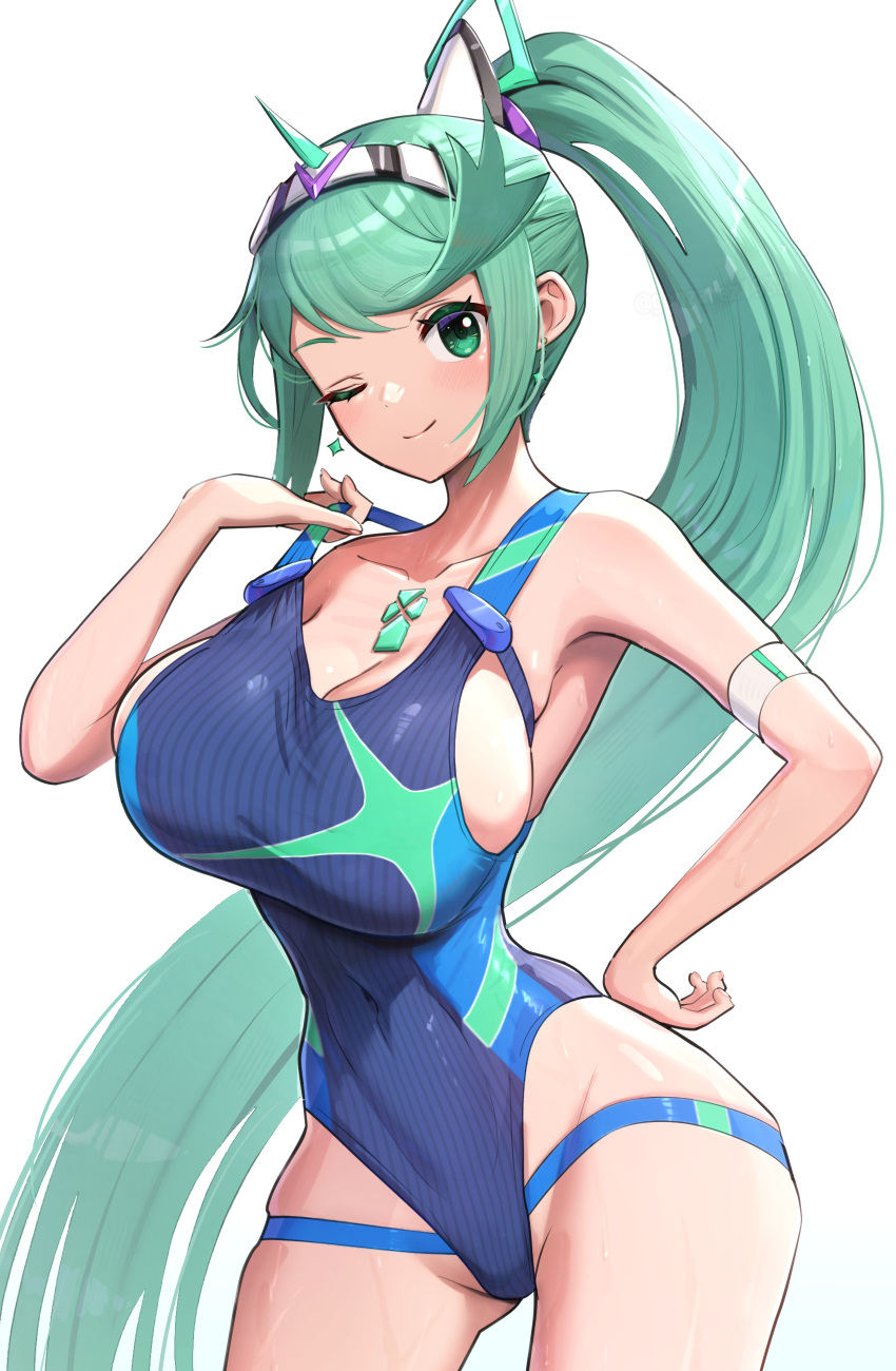 1girl 1girl absurd_res alluring alternate_costume big_breasts big_breasts bikini breasts gonzarez green_eyes green_hair high_res long_hair one-piece_bikini pneuma_(xenoblade) ponytail simple_background swimsuit very_long_hair white_background xenoblade_(series) xenoblade_chronicles_2