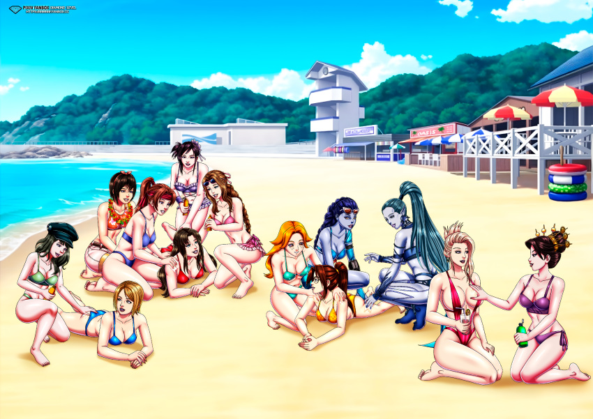 13girls 1girl aerith_gainsborough age_difference asian asian_female ass auburn_hair bandanna bbmbbf beach big_breasts blonde blonde_hair blue_hair blue_skin breasts brown_hair commission commissioner_upload couple crossover elena_(ff7) emily emily_(overwatch) eye_contact female/female female_focus female_human female_only final_fantasy final_fantasy_vii freckles freckles_on_face glasses grin hand_on_ass hand_on_breast harem hat ifalna interracial jessie_rasberry kyrie_canaan laying_down looking_down looking_up madam_m milf nipple_bulge oil overwatch palcomix ponytail sand scarlet_(ff7) shera_(ff7) shiva_(final_fantasy) sunglasses sunglasses_on_head swimsuit tifa_lockhart widowmaker widowmaker_(overwatch) yuffie_kisaragi yuri yuri_harem