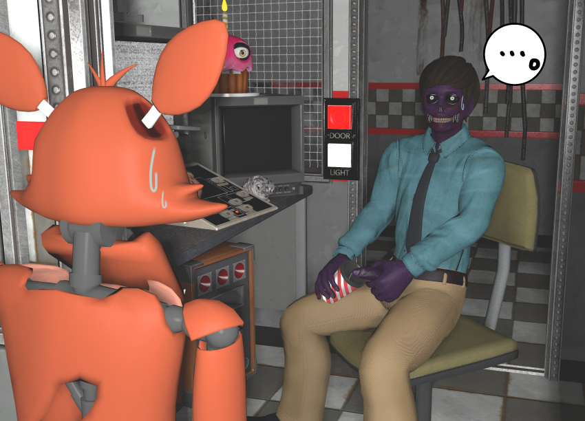 3d animatronic cup five_nights_at_freddy's fox foxy_(fnaf) human male male_only male_peeing michael_afton paper_cup peeing peeing_into_cup penis purple_body purple_cock purple_skin source_filmmaker tagme yuuki_momofox