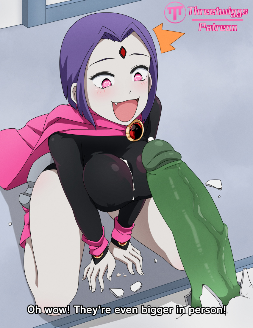 1boy 1girl beast_boy big_breasts blush breasts couple dc_comics english_text female garfield_logan green_skin heart-shaped_pupils large_penis male male/female monster_boy older older_female penis purple_hair rachel_roth raven's_emotions raven_(dc) straight surprised teen_titans teenager text thick_thighs thighs threetwigs uncensored veiny_penis young_adult young_adult_female young_adult_woman