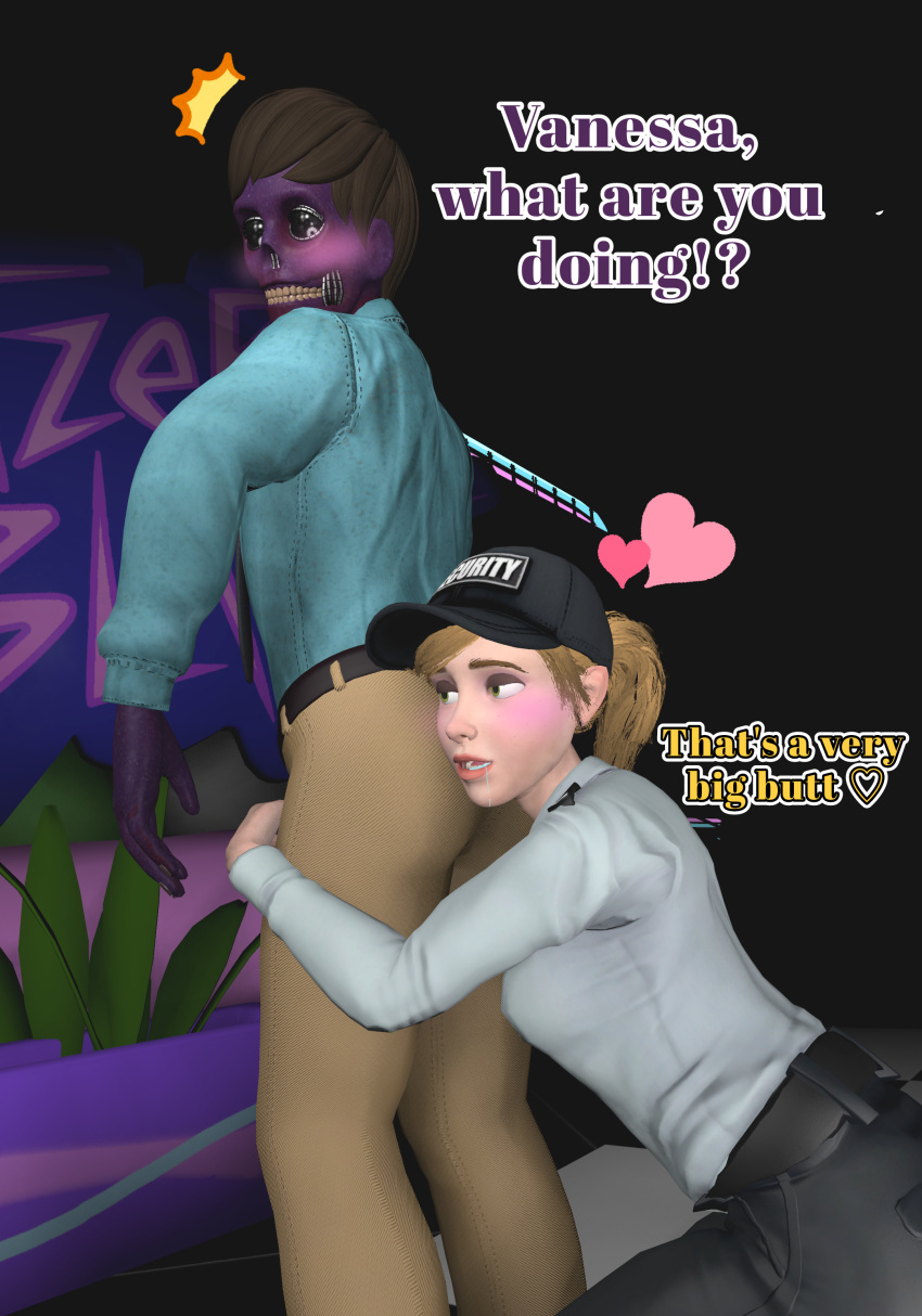 1boy 1girl 3d ass ass_fetish drooling english_text female/male female_on_male five_nights_at_freddy's five_nights_at_freddy's:_security_breach human male michael_afton no_nude purple_body purple_skin source_filmmaker text vanemike vanessa_(fnaf) yuuki_momofox