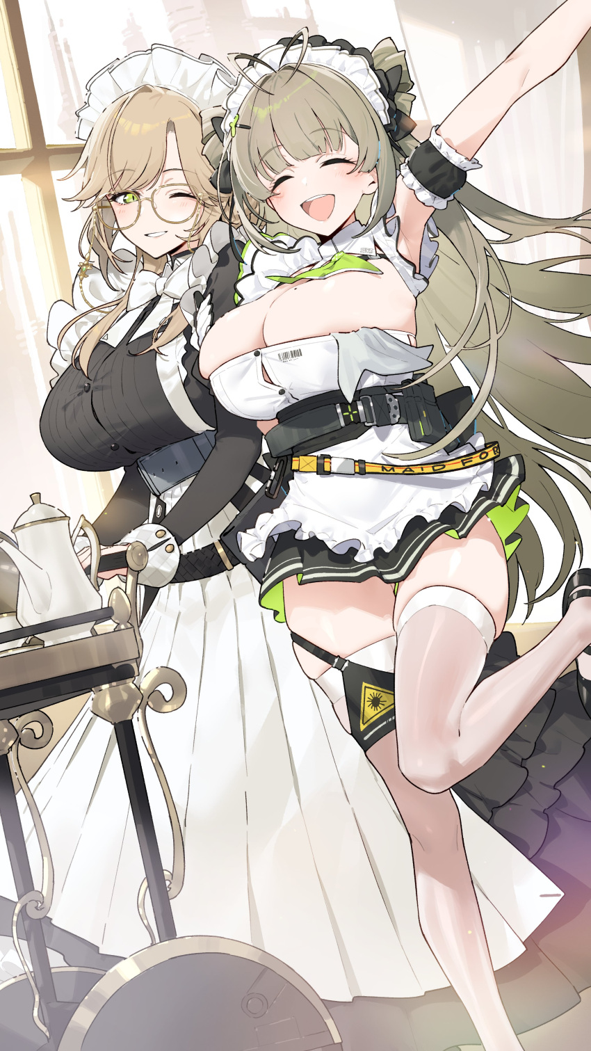 2_girls :d ade_(nikke) antenna_hair apron arm_cuffs arm_up ascot big_breasts black_dress black_skirt blonde_hair bowtie braid breasts button_gap cleavage detached_collar double_bun dress frilled_apron frills glasses goddess_of_victory:_nikke green_ascot green_eyes green_hair grin hair_bun hair_ornament hair_ribbon hairclip hayashi_kewi heart_antenna_hair huge_breasts juliet_sleeves long_hair long_sleeves maid maid_apron maid_headdress mole mole_on_breast multiple_girls one_eye_closed open_mouth pleated_skirt puffy_sleeves ribbon sidelocks skindentation skirt sleeveless smile soda_(nikke) stockings white_apron white_bow white_bowtie white_thighhighs