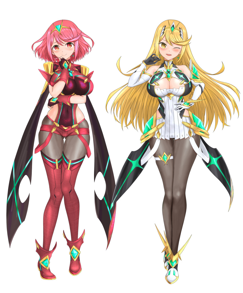 2_girls absurd_res alluring backless_dress backless_outfit bare_shoulders big_breasts black_gloves black_pantyhose blonde_hair chest_jewel cleavage cleavage_cutout clothing_cutout dress earrings elbow_gloves feichu_keju fingerless_gloves gloves high_res jewelry long_hair multiple_girls mythra mythra_(massive_melee)_(xenoblade) nintendo pantyhose pantyhose_under_shorts pyra red_eyes red_hair red_shorts short_dress short_hair short_shorts shorts stockings swept_bangs thigh_strap tiara very_long_hair white_dress white_gloves xenoblade_(series) xenoblade_chronicles_2 yellow_eyes