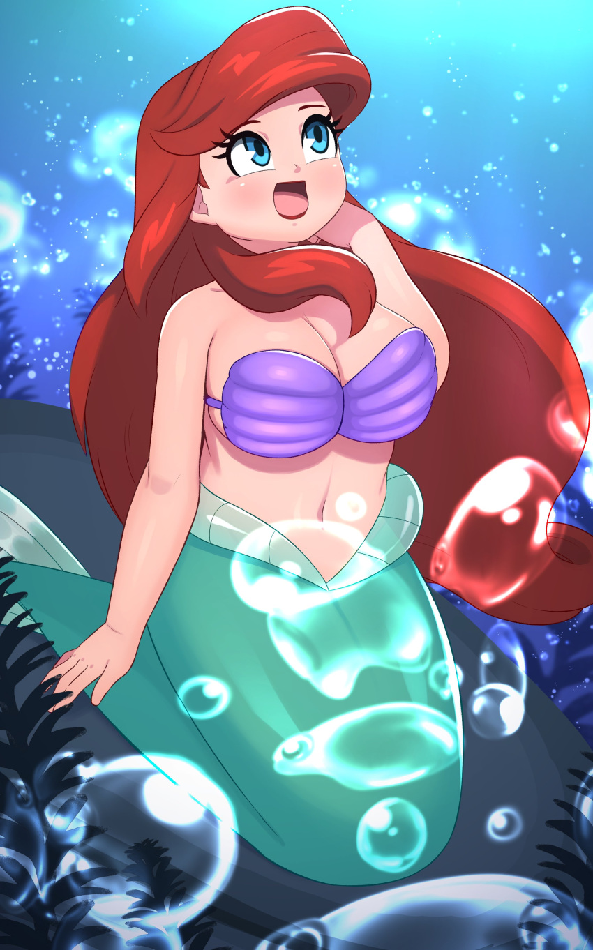 1girl 5_fingers absurd_res air_bubble blue_eyes bra braffy breasts bubble cleavage clothed clothing disney eyelashes female fingers fish fish_tail hair high_res human kneel lipstick long_eyelashes long_hair makeup mammal marine medium_breasts merfolk mermaid_tail navel open_mouth open_smile princess_ariel red_hair seashell_bra smile solo split_form the_little_mermaid underwater underwear water