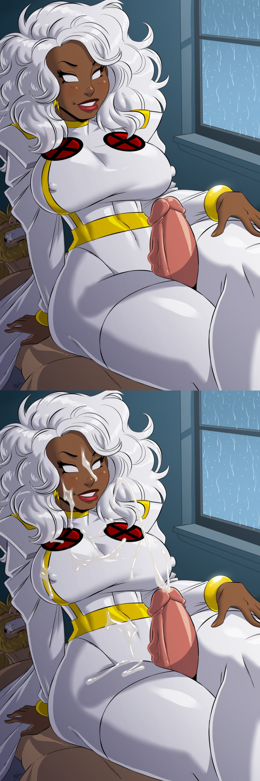 1boy 1girl aeolus big_breasts breasts clothed clothed_female comic_book_character cosplay dark-skinned_female dark_skin empty_eyes female_focus high_res interracial leaning_back light_blush long_hair male male/female marvel mature mature_female mutant_(marvel) nipple_bulge ororo_munroe penis penis_between_legs penis_between_thighs red_lipstick sitting_on_person smile storm_(x-men) superheroine tagme teeth_showing thick_thighs thigh_sex thighjob white_eyes white_hair x-men x-men:_the_animated_series