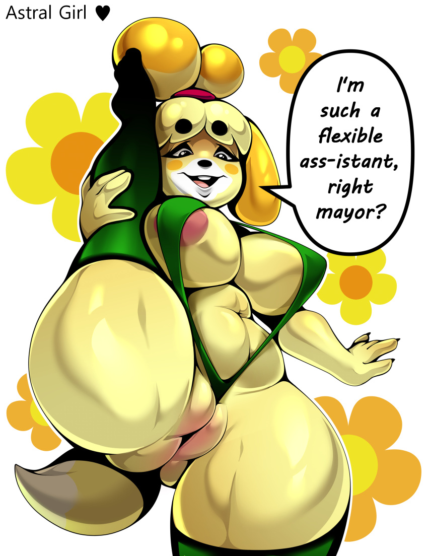 1girl 1girl 1girl 2022 absurd_res animal_crossing anthro areola astral_girl bikini breasts canid canine canis clothing dialogue digital_media_(artwork) dog domestic_dog english_text fingers furry genitals green_bikini green_swimsuit high_res isabelle_(animal_crossing) legwear mammal nintendo one-piece_swimsuit open_mouth pussy pussy_floss shih_tzu sling_bikini speech_bubble swimsuit swimwear text toy_dog video_games