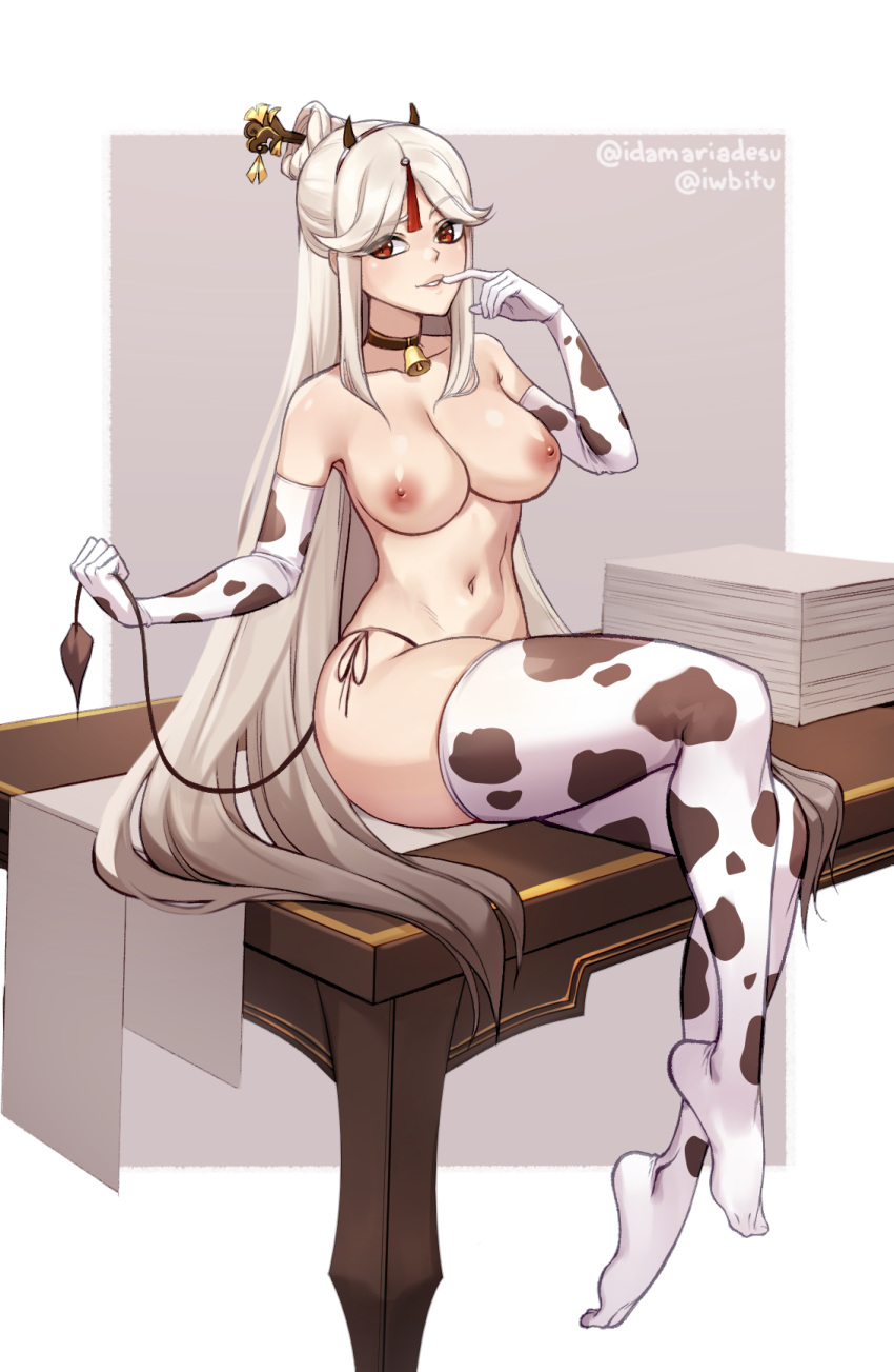 1girl 1girl 1girl animal_print bell big_breasts bikini bikini_bottom breasts choker clothing cow_horns cow_print cow_tail elbow_gloves fake_horns finger_to_mouth full_body genshin_impact gloves hair_ornament hair_stick half_updo high_resolution horns iwbitu-sa jingle_bell long_hair navel neck_bell ningguang_(genshin_impact) nipples no_shoes on_table open_mouth paper_stack parted_lips print_gloves print_legwear red_eyes side-tie_bikini sitting stockings swimsuit table tablecloth tail tassel thick_thighs thighs tied_hair topless very_long_hair white_hair