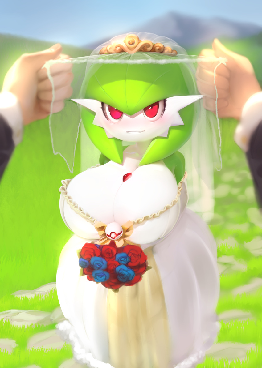 1boy 1girl big_breasts blurry_background blush bouquet breasts bride busty cleavage clothed clothing depth_of_field female female_focus first_person_view flower flowers fully_clothed game_freak gardevoir gen_3_pokemon green_body green_hair green_skin groom hair huge_breasts human human_pov humanoid interspecies light-skinned_male light_skin male male_pov multicolored_body multicolored_skin mystical nintendo outside plantpenetrator poke_ball pokemon pokemon_(species) pokephilia pov pov_hands premier_ball red_eyes smile standing two_tone_body two_tone_skin veil wedding wedding_dress wedding_veil white_body white_skin wholesome