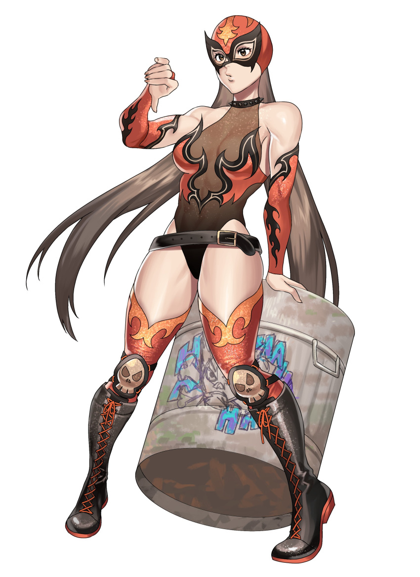 1girl 1girl absurd_res alluring alternate_costume barrel belt black_leotard boots breasts brown_eyes brown_hair bustier choker commentary commission cross-laced_footwear detached_sleeves english_commentary flame_print full_body hanny_(uirusu_chan) high_res jaycee_(tekken) julia_chang knee_boots knee_pads lace-up_boots leotard long_hair loose_belt luchador luchador_mask medium_breasts namco puckered_lips red_thighhighs see-through see-through_leotard skindentation skull_print spiked_choker spikes split_ponytail stockings tekken tekken_3 tekken_4 tekken_5_dark_resurrection tekken_7 tekken_8 tekken_bloodline tekken_tag_tournament tekken_tag_tournament_2 thighs thumbs_down toned very_long_hair white_background wrestling_mask wrestling_outfit