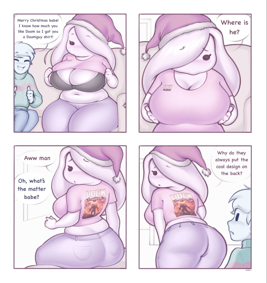 1boy 1girl 5_fingers abby_(w0m1) ass big_ass big_breasts breasts christmas christmas_hat comic cute hat jeans male santa_hat tagme w0m1 wholesome wide_hips