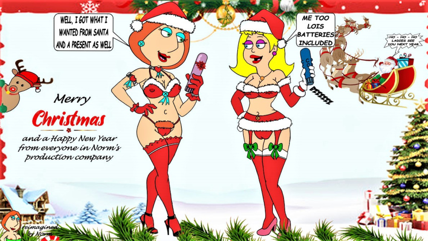 american_dad breasts cameltoe crossover dildo erect_nipples_under_clothes family_guy francine_smith lois_griffin santa_costume stockings thighs thong