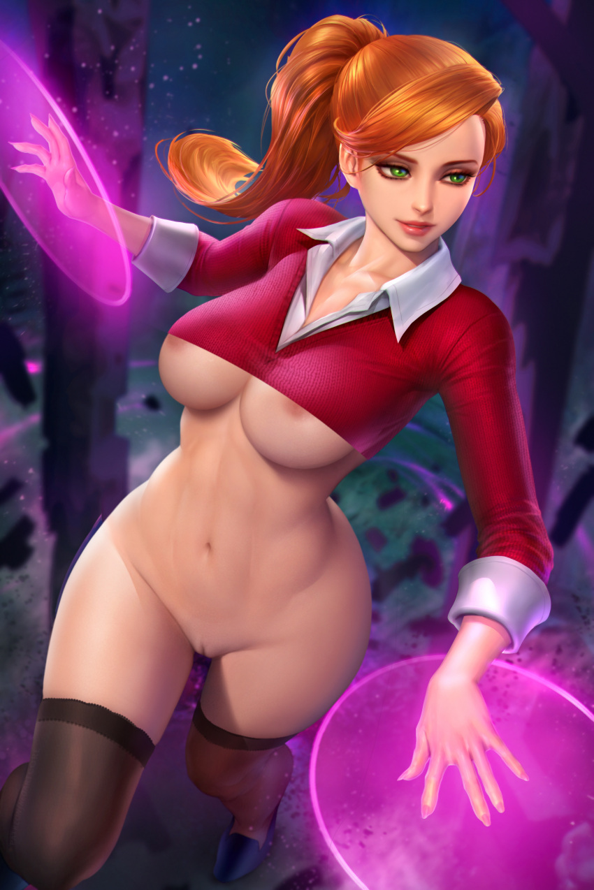 1girl ben_10 ben_10:_alien_force big_breasts bottomless cartoon_network cut-off_top edited green_eyes gwen_tennyson long_sleeves looking_away neoartcore nudtawut_thongmai pussy red_hair shaved_pussy slim_waist stockings thick_thighs uncensored visible_areolae wide_hips