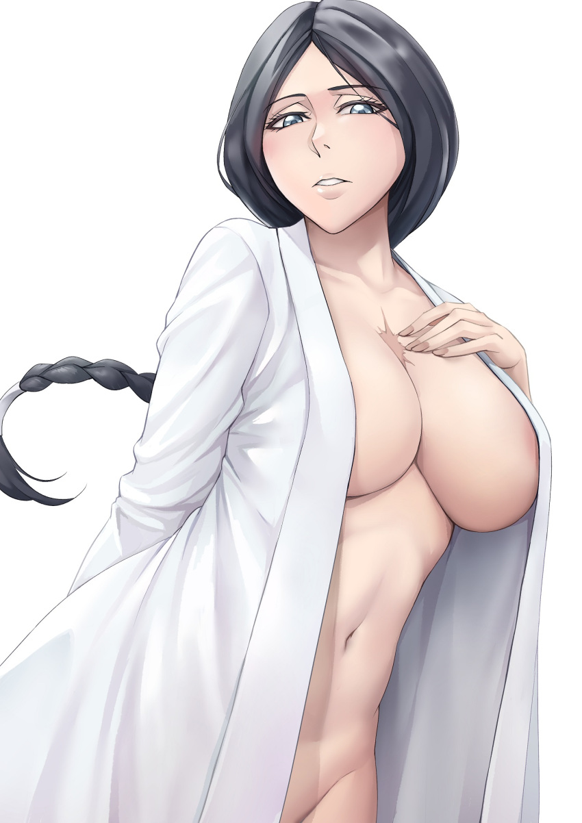 1girl 1girl almost_naked areola areola_slip bare_breasts bare_chest bare_midriff barely_clothed big_breasts big_breasts black_hair bleach blue_eyes blush braid braided_hair braided_ponytail breasts breasts breasts bust chest_scar cleavage curvaceous curvy curvy_body curvy_female curvy_figure embarrassed eyebrows eyebrows_visible_through_hair eyelashes female_focus female_only functionally_nude functionally_nude_female hand_behind_back hand_on_chest haori high_res high_resolution huge_breasts japanese_clothes kimono light-skinned_female light_skin long_hair looking_at_viewer mature mature_female mature_woman mostly_nude no_bra no_panties no_underwear open_clothes oppai paipan pale-skinned_female pale_skin parted_lips pelvic_curtain pinup plain_background ponytail presenting presenting_self robe sakuya_(liao_kj) scar simple_background solo_female solo_focus tagme tied_hair unohana_retsu upper_body very_long_hair voluptuous wafuku white_background wide_hips