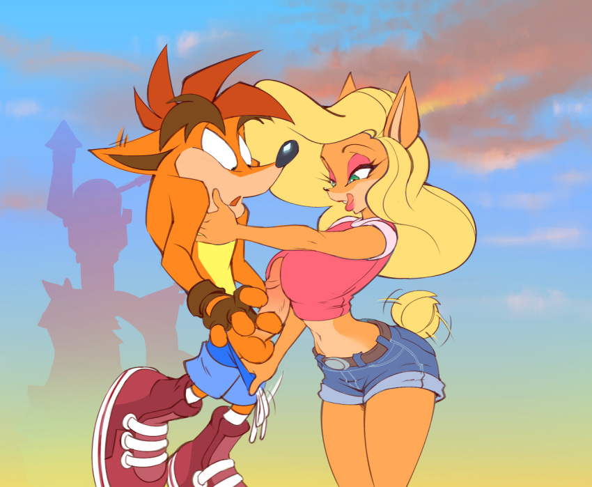 1boy 1girl anthro artist_request balls big_penis bigger_female blonde_hair breasts canon_couple crash_(series) crash_bandicoot erection fur furry licking licking_lips male penis pulling_pants_down smaller_male source_request tail_wagging tawna_bandicoot thick_thighs wide_hips