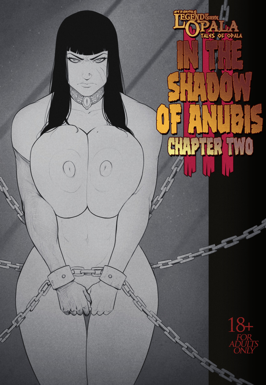 1girl black_hair chains collar comic cuffs devil_hs english_text female_only frown high_res legend_of_queen_opala long_hair loqo:_in_the_shadow_of_anubis_iii_chapter_2 massive_breasts nipples nose_piercing nude nude_female osira partially_colored scar simple_background source_request story swegabe text