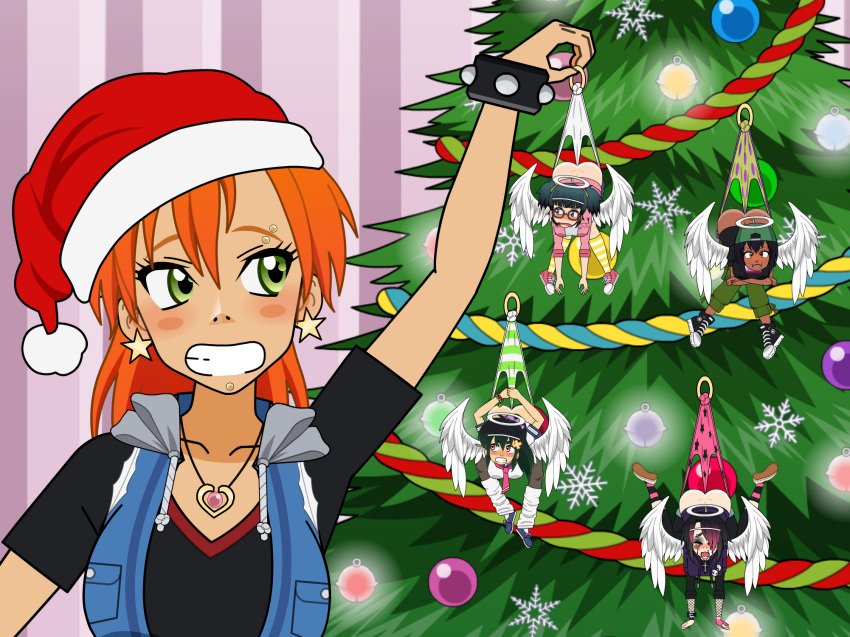 angel_halo angel_wings ass ass baseball_cap black_hair blue_eyes blue_hair blush brown_eyes butt_crack christmas christmas_hat christmas_ornaments christmas_tree closed_eyes crying earrings embarrassed embarrassing euf freckles funny glasses goth goth_girl green_eyes green_hair halo hat long_hair multicolored_hair multiple_girls necklace nerd nerdy_female panties polka_dot_panties ponytail red_eyes red_hair santa_hat short_hair shrinking shrunk smile star_print striped_panties twin_tails wedgie white_panties