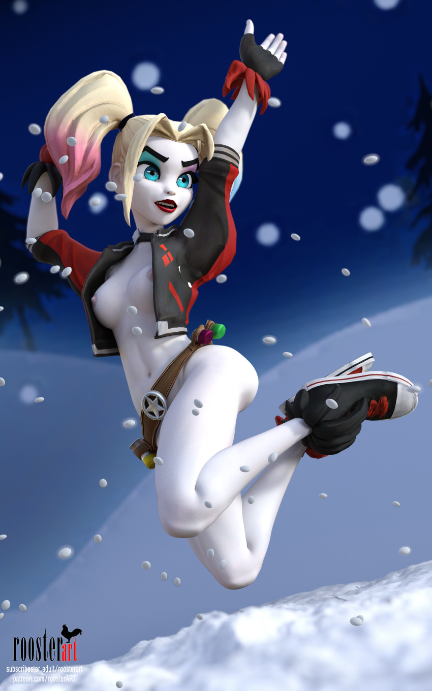 10:16 1girl 3d 3d_(artwork) ass batman_(series) belly belly_button belt big_breasts black_gloves black_shoes blue_eyes breasts converse converse_shoes dc_comics erect_nipples female_focus fingerless_gloves fit_female happy harley_quinn harley_quinn_(series) jacket jumping legs looking_away makeup multicolored_hair multiversus nipples open_eyes open_mouth outside pale pale-skinned_female pale_skin partially_clothed patreon patreon_username ponytails red_lipstick roosterart shoes shoes_on snow snowflake snowing solo_female solo_focus subscribestar subscribestar_username teeth teeth_showing unzipped_jacket video_game_character video_games