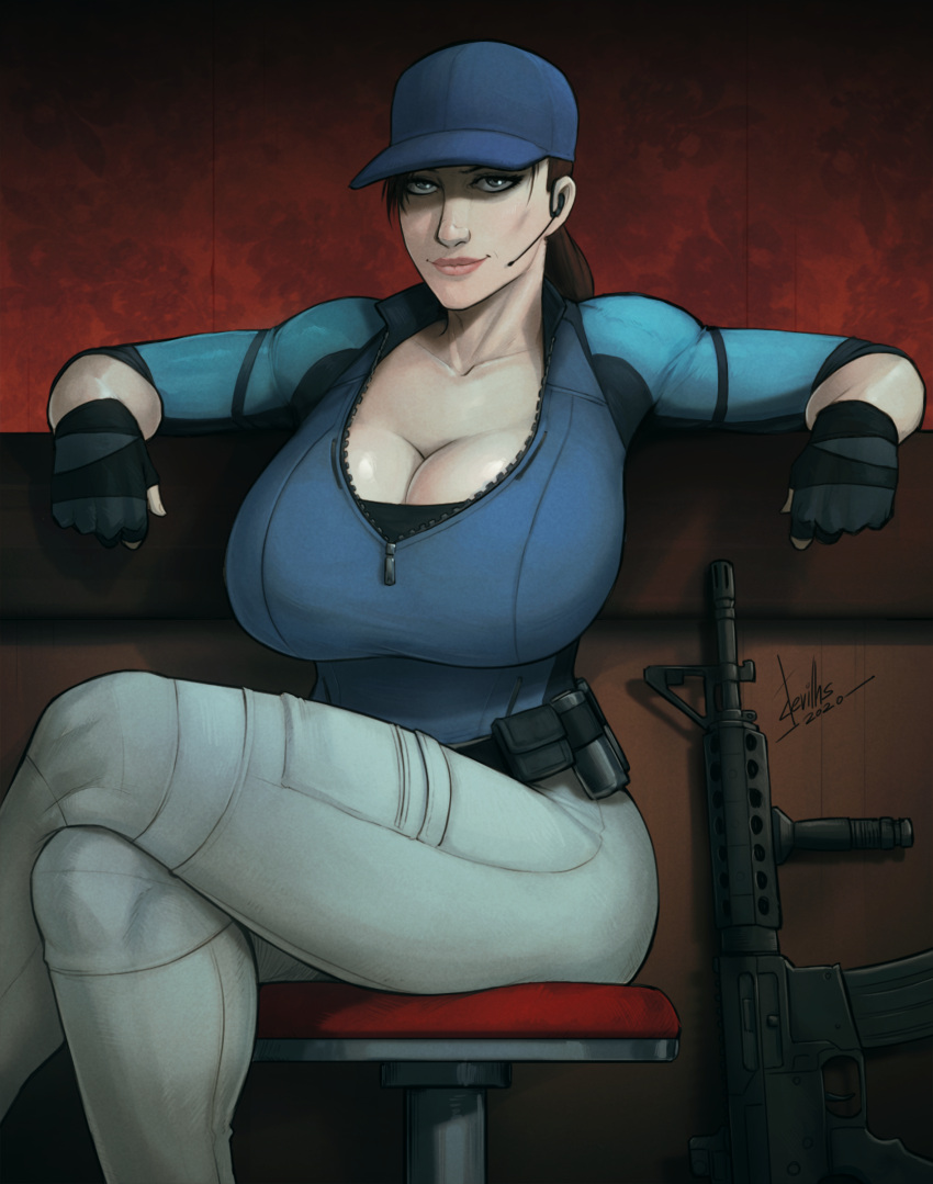 1girl alternate_breast_size assault_rifle baseball_cap belt big_breasts blue_eyes breasts brown_hair capcom cleavage cleavage_cutout clothed clothing crossed_legs devil_hs eye_contact female_only gloves gun huge_ass huge_breasts human jeans jill_valentine long_hair looking_at_viewer naughty_face ponytail pose resident_evil resident_evil_5 rifle sci-fi science_fiction scifi seductive seductive_smile sitting smile source_request thick_thighs uniform weapon wide_hips