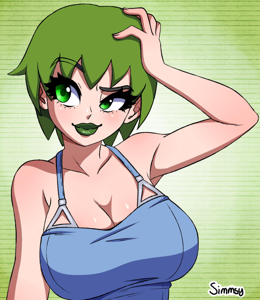 1girl 1girl 1girl big_breasts cleavage clothed_female female_focus female_only foo_fighters green_eyes green_hair high_res huge_breasts jojo's_bizarre_adventure lipstick short_hair shounen_jump simmsy solo_female solo_focus stone_ocean
