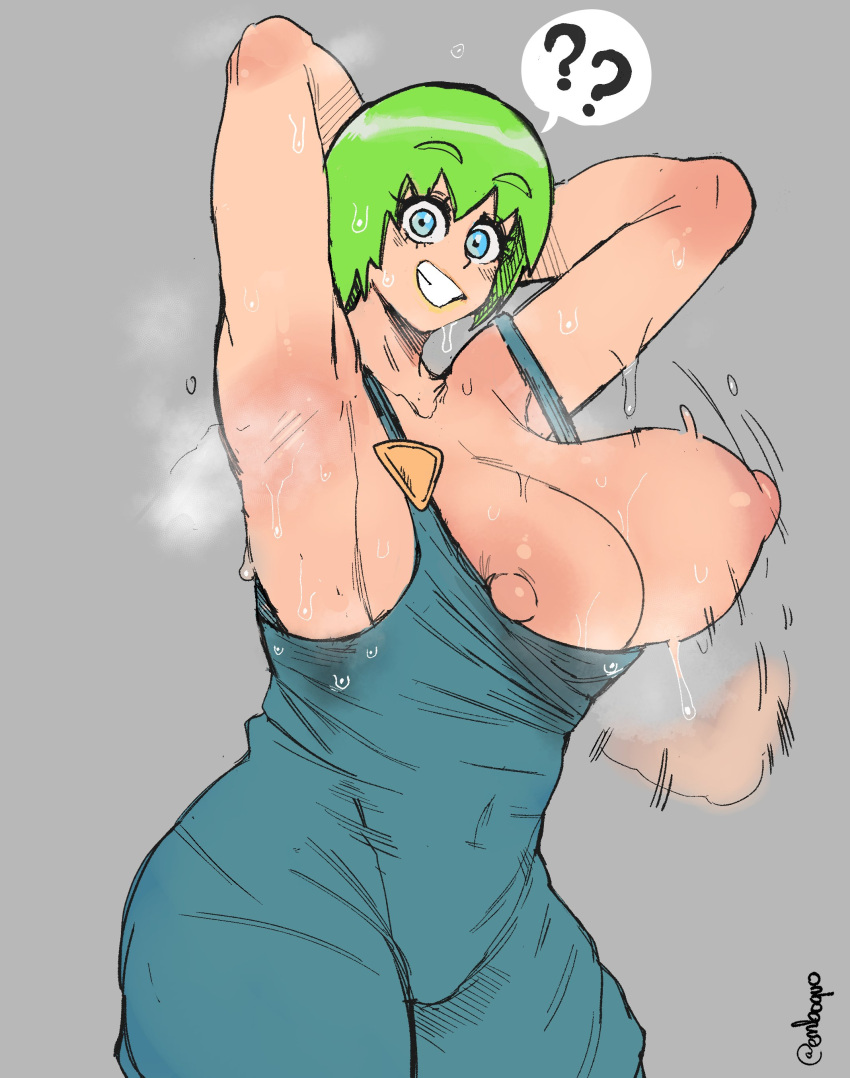 1girl 1girl 1girl armpits big_breasts breasts embo female_focus female_only foo_fighters green_hair huge_breasts jojo's_bizarre_adventure looking_at_viewer nipples shaking_breasts short_hair shounen_jump solo_female solo_focus stone_ocean sweaty sweaty_armpits sweaty_breasts wardrobe_malfunction