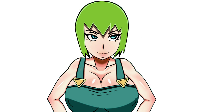1girl big_breasts blue_eyes breasts cleavage female_focus female_only foo_fighters green_hair jojo's_bizarre_adventure overalls shiftymermaid_(artist) short_hair solo_female solo_focus stone_ocean text_bubble
