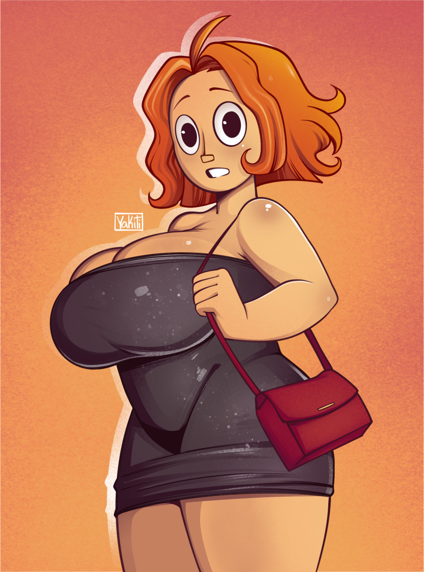 1girl bare_shoulders big_breasts black_dress bottom_heavy breasts cleavage clothed clothes clothing covered_breasts dress female judy_abbott mama mature_female milf netflix orange_hair short_dres short_hair smile tight_clothing top_heavy twelve_forever wide_hips yakiti