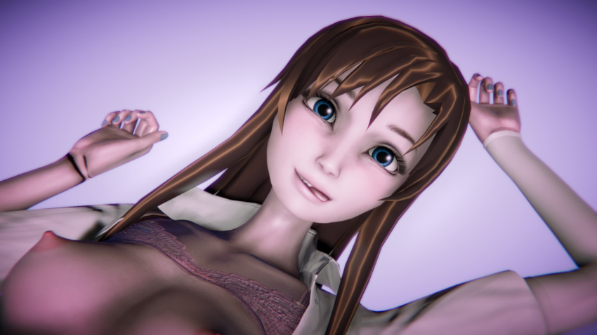 16:9_aspect_ratio 1girl 3d android android_lucy blue_eyes blue_nails bra bra_lift breasts brown_hair cute female_focus happy light-skinned_female light_skin long_hair looking_at_viewer lucy medium_breasts on_back open_eyes painted_nails partially_clothed pink_bra smile solo_focus teen tongue tongue_out
