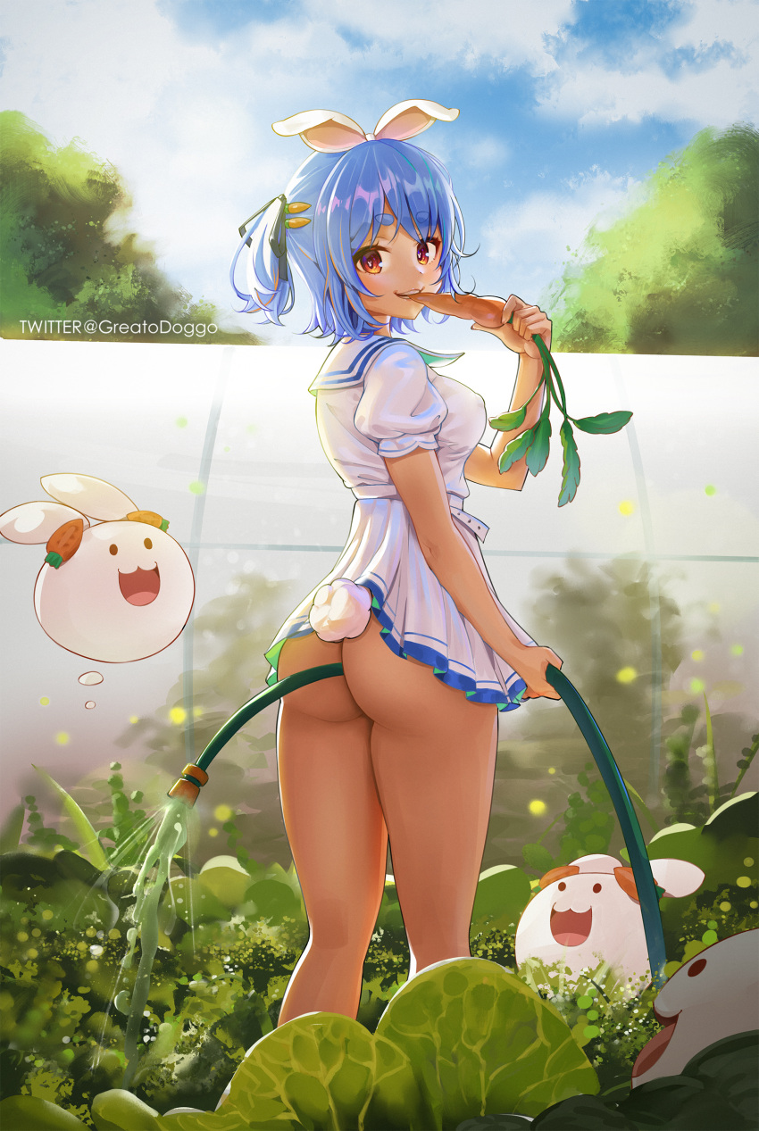 1girl 1girl absurd_res ass bangs belt between_buttocks big_breasts black_ribbon blue_hair breasts bunny-shaped_pupils carrot cloud cloudy_sky commentary day eating feet_out_of_frame food food_in_mouth greatodoggo hair_ribbon high_res holding holding_carrot holding_food holding_hose holding_vegetable hololive hose looking_at_viewer looking_back multicolored_hair no_panties nousagi_(usada_pekora) outside plant puffy_short_sleeves puffy_sleeves rabbit_tail red_eyes ribbon sailor_collar shirt short_eyebrows short_hair short_sleeves skirt sky smile standing streaked_hair symbol-shaped_pupils tail thick_eyebrows two_side_up usada_pekora vegetable virtual_youtuber water white_belt white_hair white_sailor_collar white_shirt white_skirt