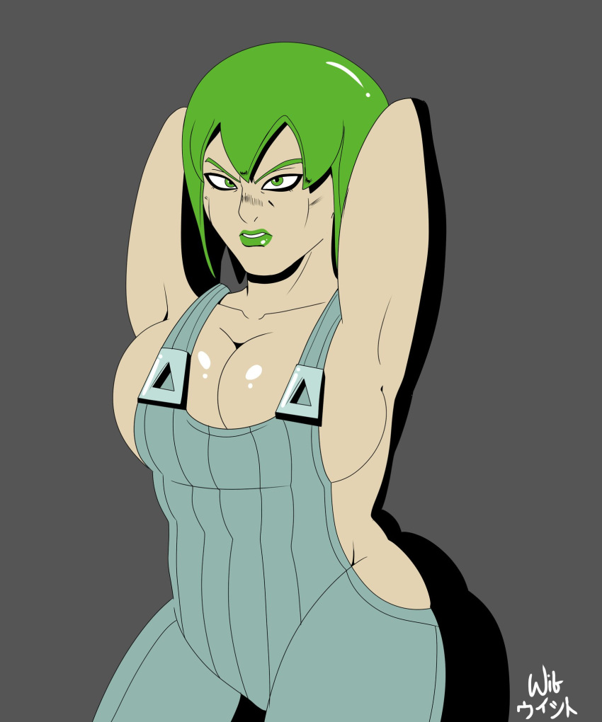 1girl 1girl 1girl angry armpits arms_behind_back big_breasts breasts female_focus female_only foo_fighters green_hair green_lipstick high_res jojo's_bizarre_adventure jumpsuit no_bra short_hair solo_female solo_focus stone_ocean wib