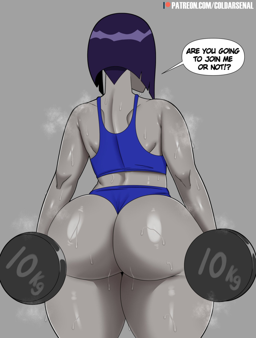 1girl 1girl back_view coldarsenal dat_ass dc_comics huge_ass large_ass lifting lifting_weights purple_hair rachel_roth raven_(dc) rear_view short_hair solo_female speech_bubble superhero superheroine sweat sweating sweaty_body teen_titans text thick_thighs tight_clothing tight_fit workout