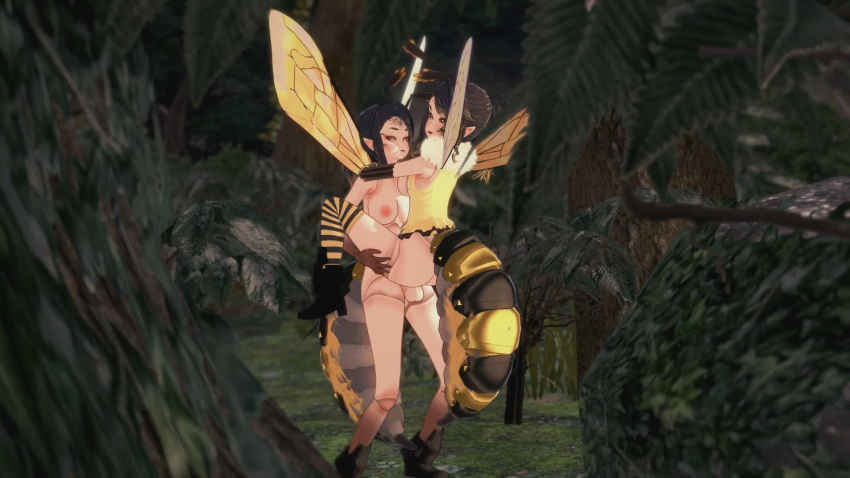 16:9_aspect_ratio 1futa 1girl antennae anthro anthro_on_anthro ass bee bee_girl black_shoes breasts brown_hair creepy forest futanari futanari_on_female futanari_with_female halloween horror light-skinned_female light-skinned_futanari looking_at_partner looking_away medium_breasts medium_hair monster_girl outside partially_clothed pointy_ears sex shoes standing standing_sex striped_legwear stripes testicle vaginal vaginal_penetration wings
