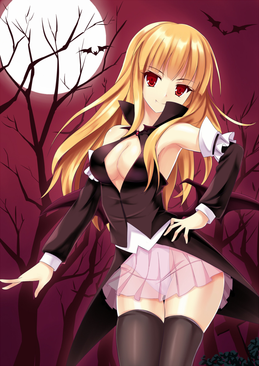 1girl bare_shoulders bare_tree bat black_legwear blonde_hair breasts cleavage copyright_request detached_sleeves evangeline_a_k_mcdowell fang fang_out female full_moon hand_on_hip highres hips leotard long_hair looking_at_viewer low_wings mahou_sensei_negima! moon pleated_skirt red_eyes see-through skirt smile solo thigh_gap thighhighs thighs tree wings zi_se