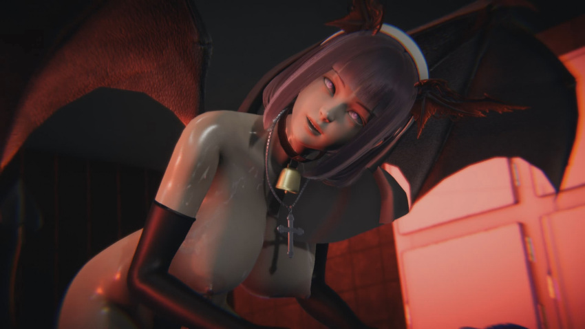 16:9_aspect_ratio 3d big_breasts black_gloves breasts cowbell creepy cum cum_on_body cum_on_breasts cum_on_upper_body demon_girl female_focus gloves halloween hinata_hyuuga horns horror indoors light-skinned_female looking_at_viewer medium_hair naruto necklace open_mouth semen_on_body semen_on_breasts semen_on_upper_body succubus wings