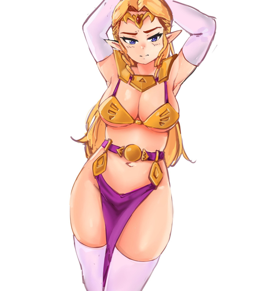 1girl alluring arms_up belly_dancer belly_dancer_outfit big_breasts blonde_hair blue_eyes blush cleavage hylian loincloth long_gloves looking_at_viewer nintendo pointy_ears princess_zelda royalty super_smash_bros_melee the_legend_of_zelda the_legend_of_zelda:_ocarina_of_time thick_thighs yotahen zelda_(ocarina_of_time)