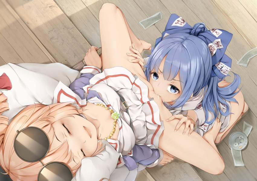 2_girls an-telin barefoot belt blue_bow blue_eyes blue_hair clavicle eyebrows_visible_through_hair happy_sex high_resolution incest long_hair long_sleeves looking_up medium_breasts nopan open_mouth pussylicking siblings spread_legs sunglasses touhou_project vaginal_juices yorigami_jo'on yorigami_shion yuri