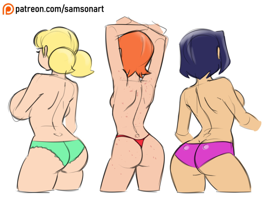 3girls aged_up ass back_view ben_10 big_breasts black_hair blonde_hair breasts bubble_ass bubble_butt crossover dat_ass flat_chested freckles green_panties gwen_tennyson hands_on_breasts inspector_gadget jackie_chan_adventures jade_chan light-skinned_female medium_breasts nude nude_female orange_hair pale-skinned_female panties panties_only patreon_username penny_gadget purple_panties pussy red_hair red_panties red_thong samson_00 short_hair sideboob simple_background small_breasts straight_hair stretching thong topless topless_female trio twin_tails unseen_female_face white_background