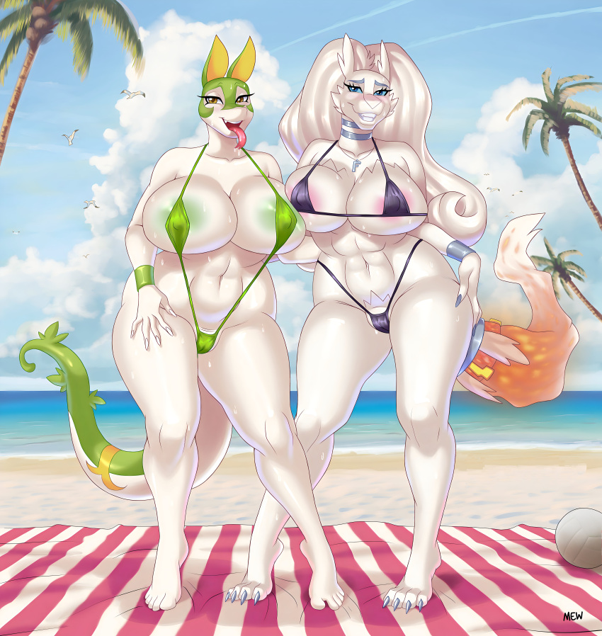 2girls beach big_ass big_breasts bikini bimbo green_skin ipan pokemon pokemon_(species) pokemon_black_and_white reshiram seductive serperior sling_bikini tail white_hair white_skin yuri