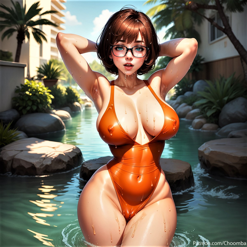 ai_generated big_breasts cameltoe erect_nipples_under_clothes glasses scooby-doo swimsuit thighs velma_dinkley