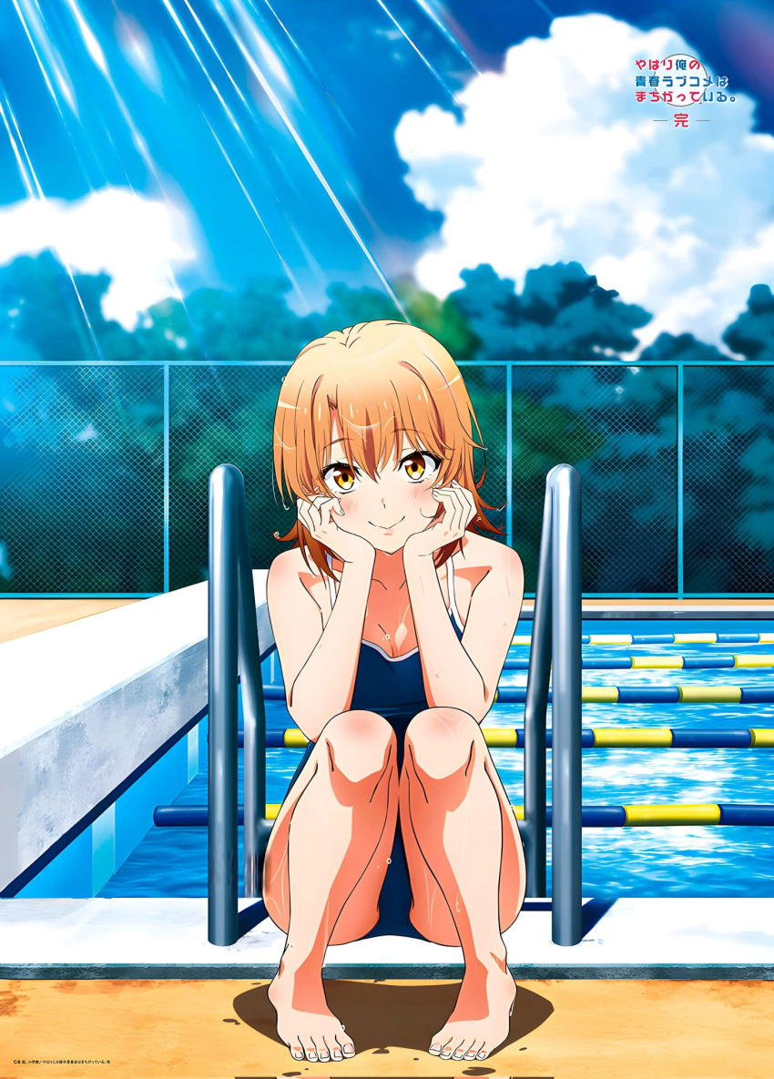 1girl alluring bare_legs bare_shoulders barefoot bikini black_hair blue_eyes breasts competition_school_swimsuit copyright_name covered_navel hands_on_own_cheeks hands_on_own_face high_res isshiki_iroha long_hair looking_at_viewer medium_breasts official_art one-piece_swimsuit orange_hair pool poolside school_swimsuit squatting swimming_pool swimsuit thighs wet yahari_ore_no_seishun_lovecome_wa_machigatteiru. yellow_eyes