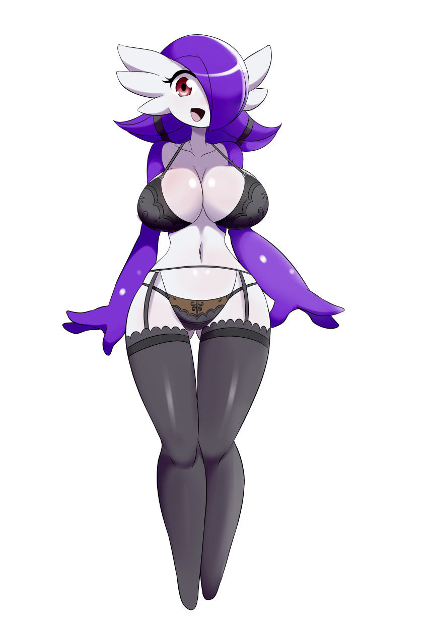 1_girl 1girl big_ass big_breasts breasts female female_only female_pokemon gardevoir garter_belt garter_straps hair_over_one_eye humanoid lingerie looking_at_viewer lucyfercomic mostly_nude pokemon purple_skin red_eyes solo standing stockings thigh_gap